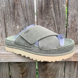 UGG Sandals Goldenstar Cross Platform Slide Moss Green Suede Leather